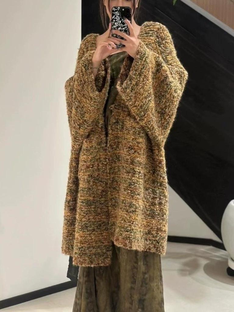 European & American Color-Block Mid-Length Knitted Cardigan: Casual Loose Fashion Sweater Coat for Women