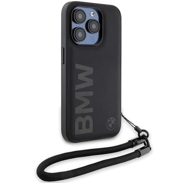 Bmw Signature Leather Wordmark Cord Case For Iphone 15 Pro - Black
