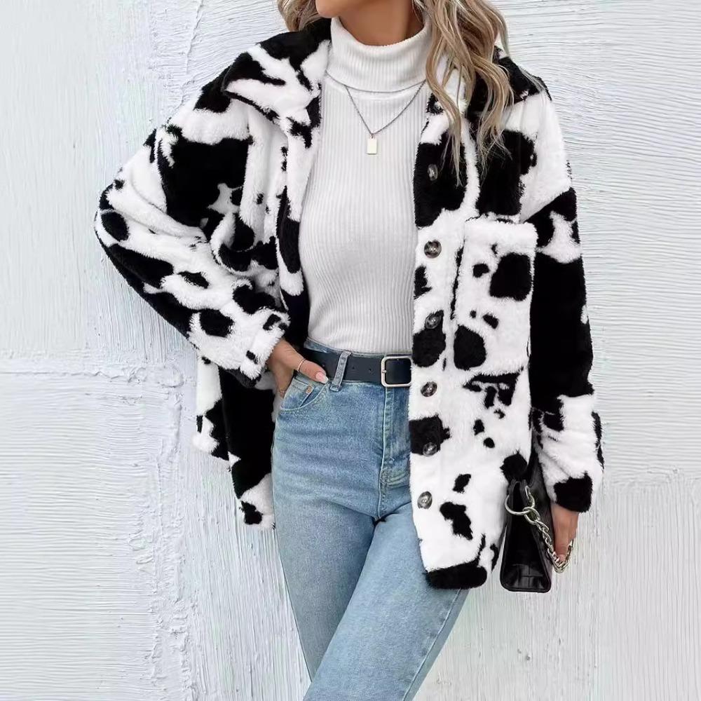 Fashion Double Sided Plush Cow Patterned Pocket Top Jacket Women's Coats Casual Tops Long Sleeve Winter Coat
