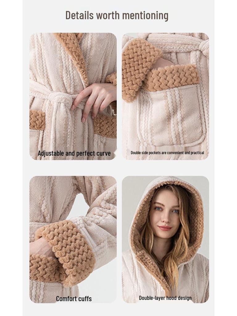 Комплект коралловых флисовых пижам для пары: Женский и мужской длинный, толстый, теплый халат для осени и зимы