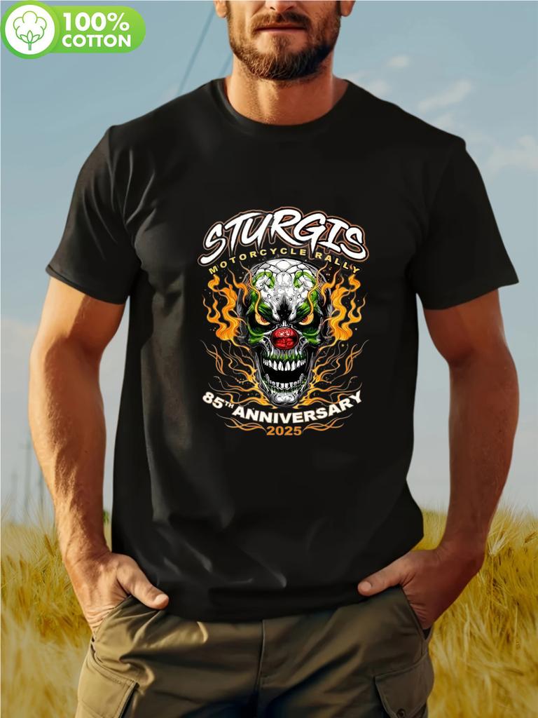 Мужская футболка Skull Society для мотоциклетного ралли Sturgis - Безумный клоунский дизайн ко Дню Рождения с пламенем