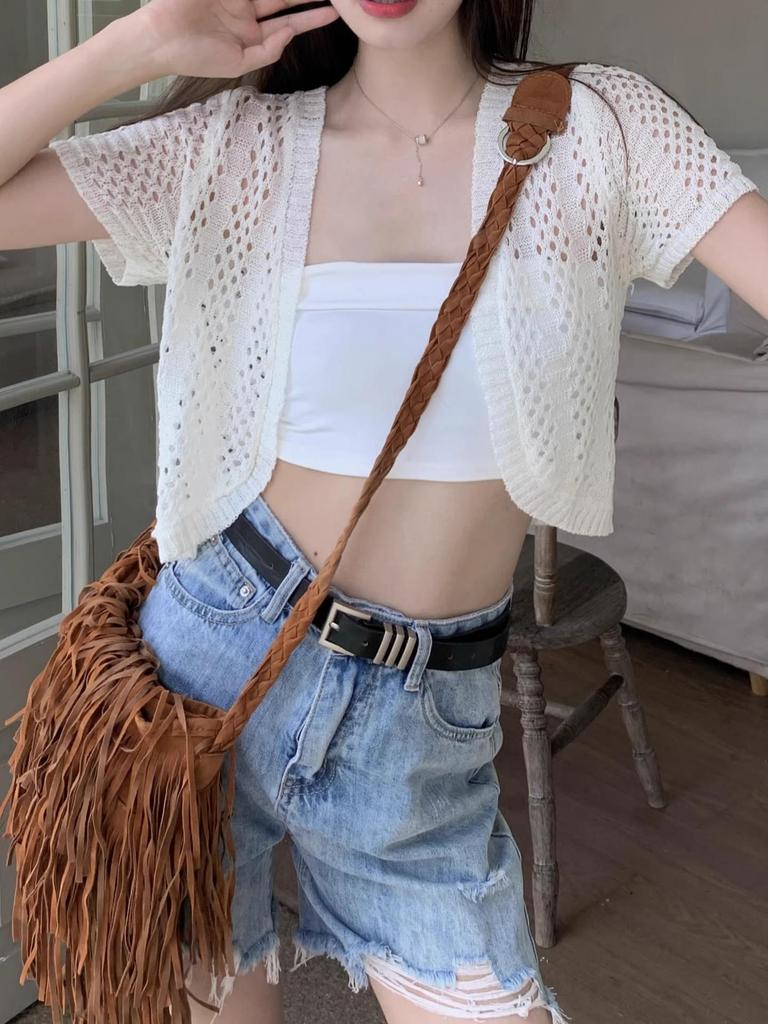 Легкий вязаный кардиган: Легкий, Защищающий от солнца, Летний вязаный кардиган с коротким рукавом для женщин