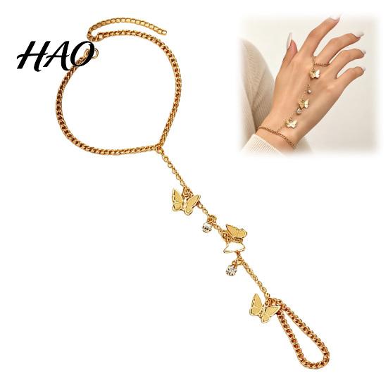 Integrated Bracelet Ring Golden Hand Chain for Women, Metal Butterfly Tassel Adjustable with Finger Ring, Harness Jewelry Rhinestone Accessory