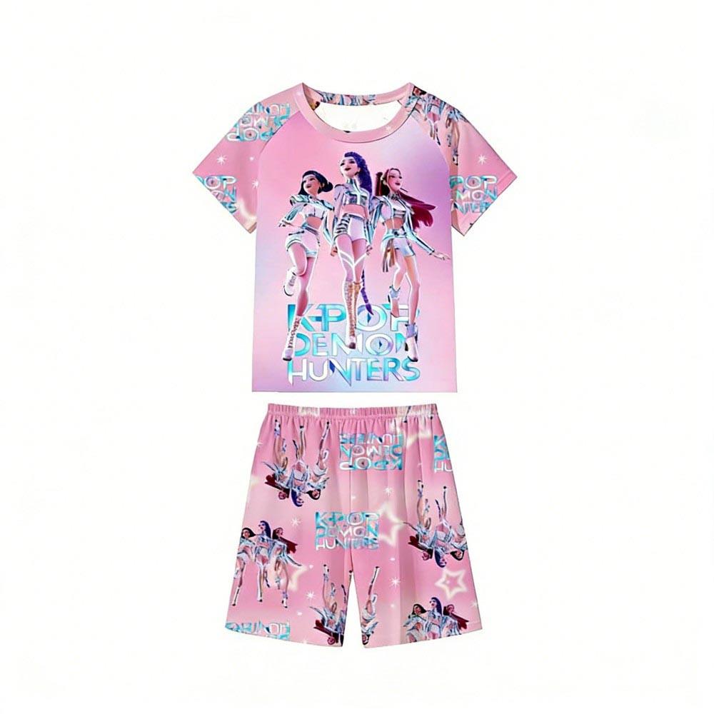 Fashion Kids Pajamas Set Kpop Demon Hunters Printed Children's O Neck Short Sleeve Tops Shorts 2pcs Summer Girls Casual T Shirt Sets