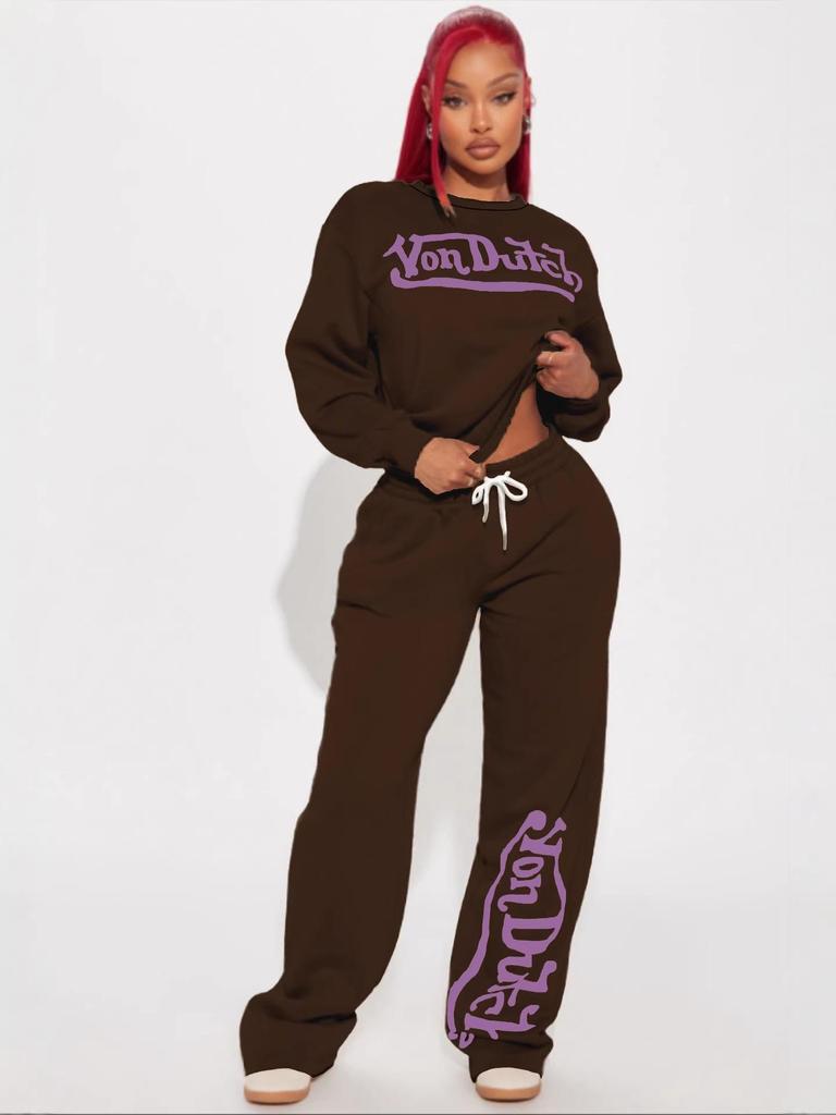 Женский комплект с принтом Von Dutch: Свободная, Повседневная и Модная Уличная Одежда для Комфортной Ежедневной Носки.