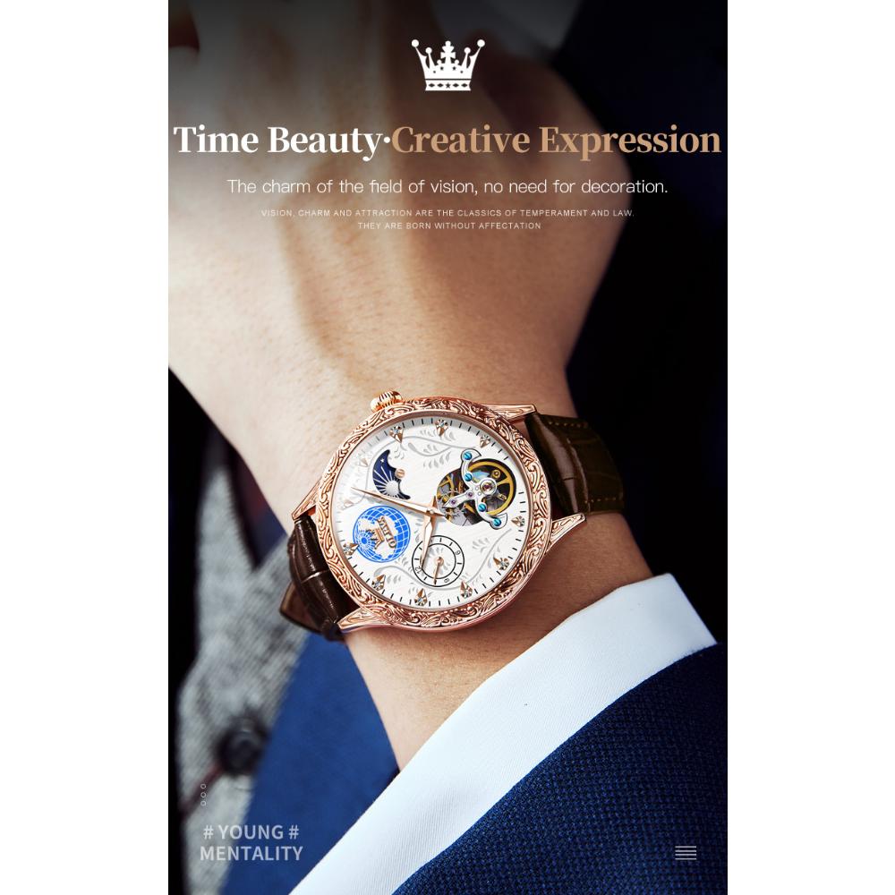 OLEVS Новые мужские часы, трехмерный рельефный циферблат, многофункциональные механические часы, водонепроницаемые мужские часы