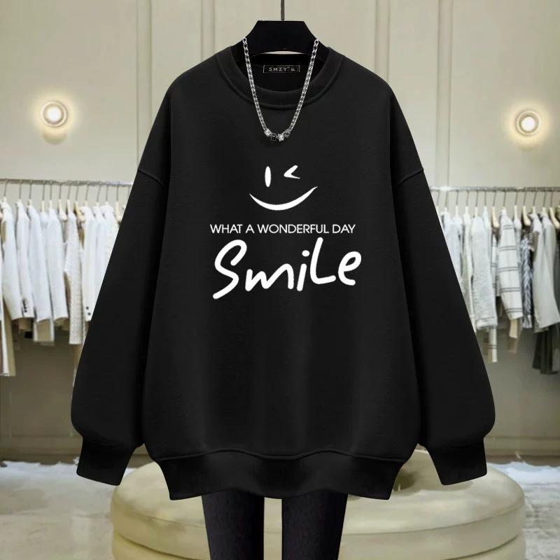 Women's Round Neck Sweatshirt Loose Plus Velvet Thickened Autumn and Winter New Korean Version Letters Smiling Mid-length Top