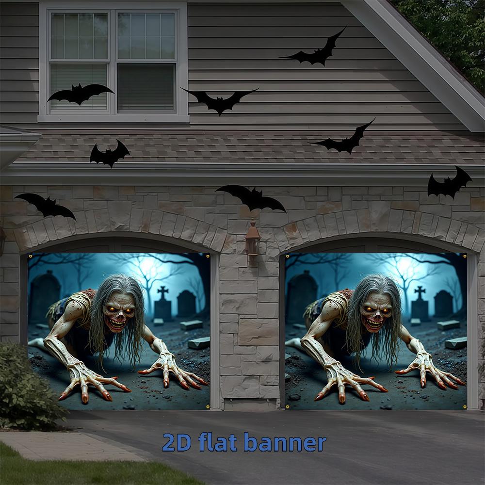 2D flat banner Halloween Happy Garage Door Banner zombies long hair sharp claws blood mouth