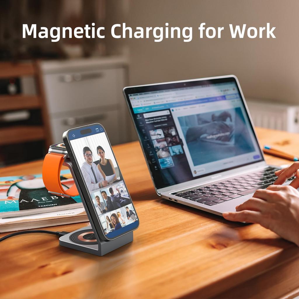 Magnetic Wireless Charging Stand, 3 in 1 Wireless Charging Station 15W Wireless Charger Compatible with iPhone 15/14/13/12 Series, Apple Watch,