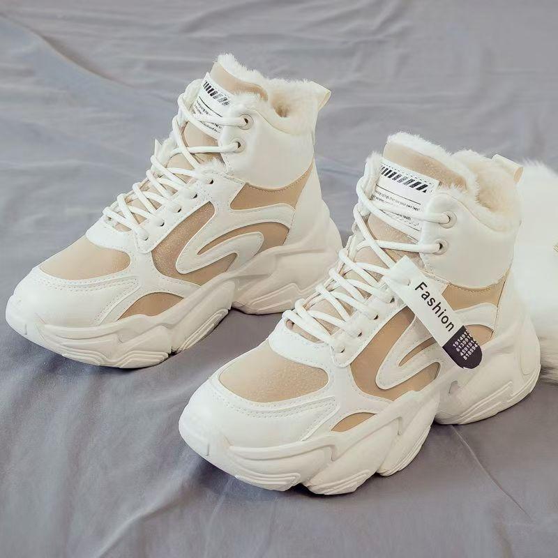 Флисовые кроссовки для папы женские зимние новые корейская версия теплые спортивные ботинки с высоким верхом студенческие хлопковые туфли ins трендовые туфли