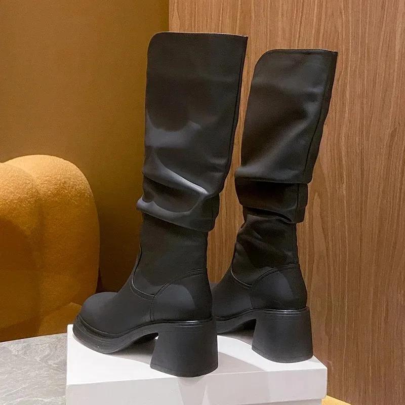 Мода Новая Мода Современные Сапоги Женские Туфли на Толстом Высоком Каблуке Черный/Хаки Круглый Носок Натуральная Кожа Плиссированные Сапоги до Колена Слипоны Сапоги Рыцаря