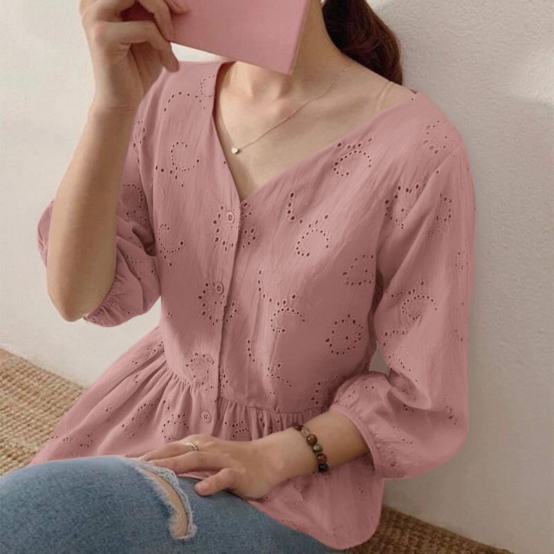 ZANZEA Женские летние кружевные рубашки с V-образным вырезом и рукавом-фонариком 3/4