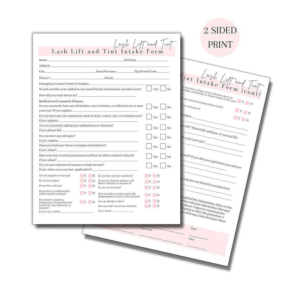 Lash Lift & Tint Consent Form, Intake Form, Aftercare Form | 75 Pack | 8.5x11" inch Paper Size Form | 25 Consent Forms, 25 Client Intake Forms, 25