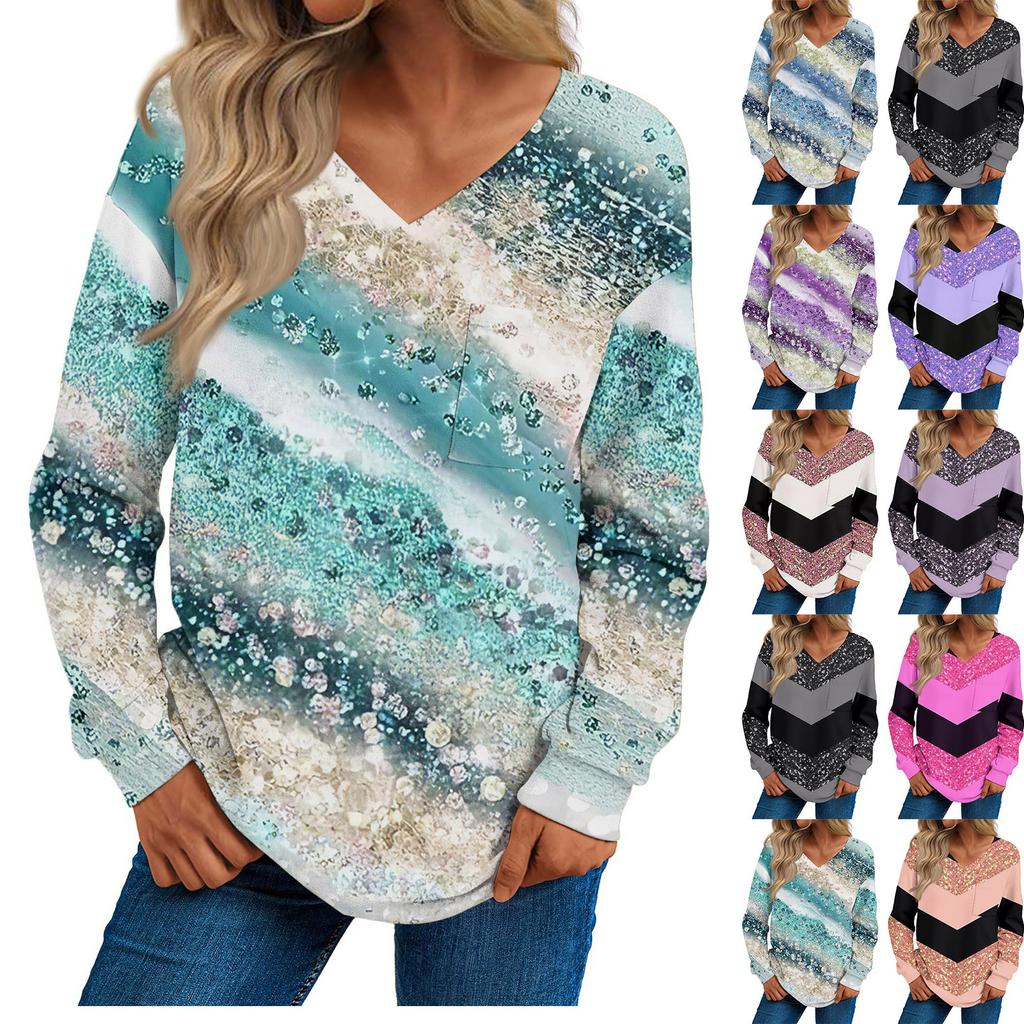 Women's Fashion Casual Long Sleeve Printed V- Neck Sweater Top