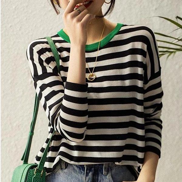 Round Neck Striped Clashing Knit Sweater Women's Sweater Gentle Style Loose Outer Top