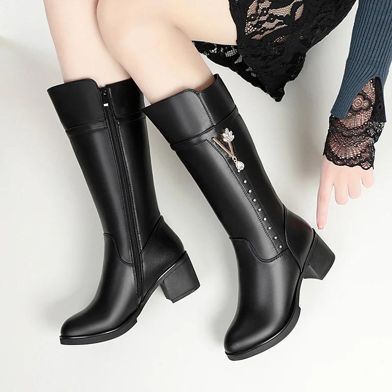 Модные высококачественные женские зимние сапоги из натуральной кожи женские сапоги теплые шерстяные сапоги на высоком каблуке женские модные сапоги для верховой езды женские