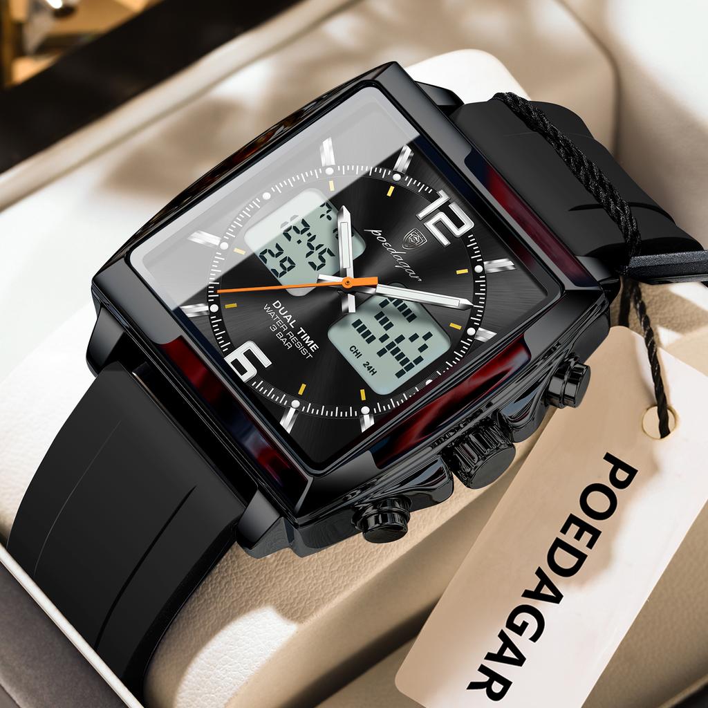 POEDAGAR Luxury Top Man Watch Electronic Square LED Alarm Chronograph Watches Week Date Dual Time Display Quartz Clock