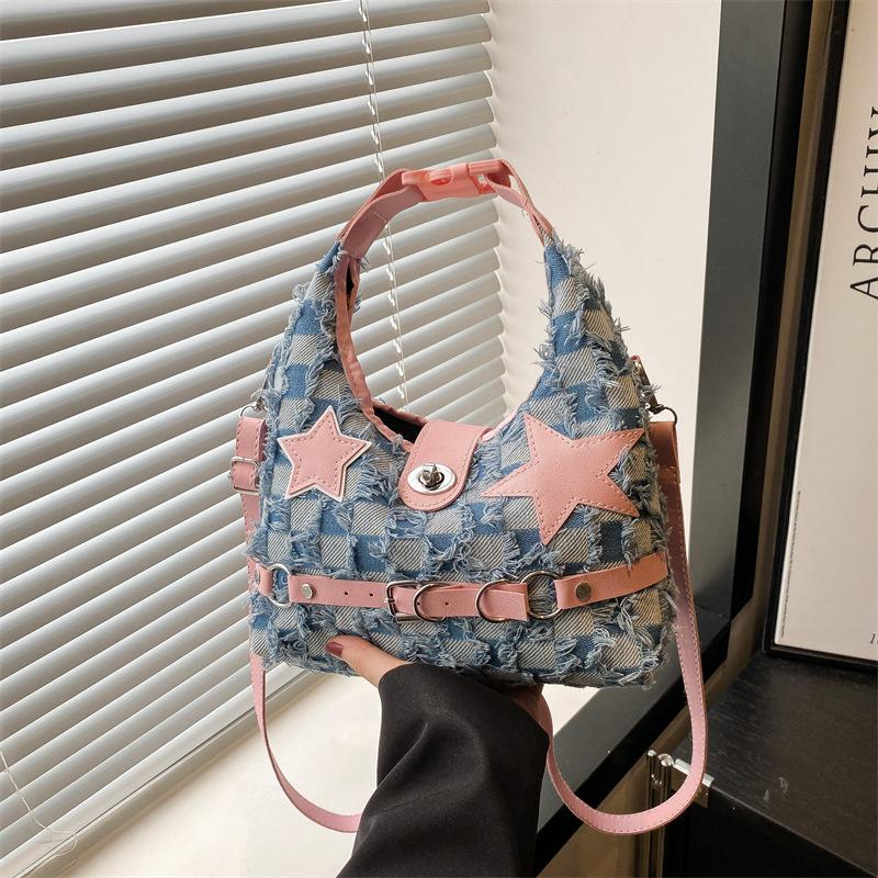 Pink Star Purse and Handbags Aesthetic Plaid Denim Shoulder Bag Punk Leisure Outdoor Crossbody Bag For Women CLE