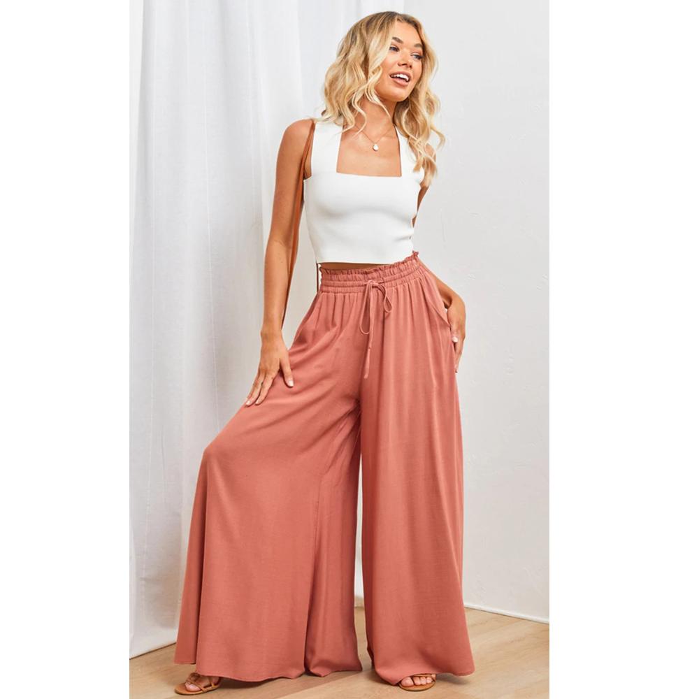 Summer Spring Women's Wide Leg Pants with Elastic Waistband Loose Casual Pants