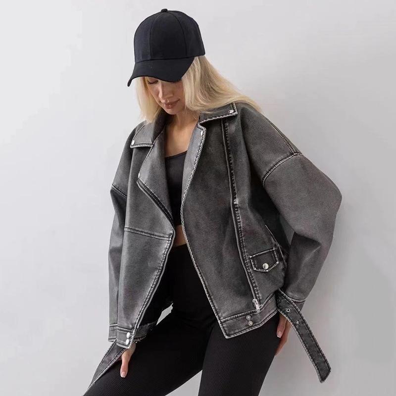 Washed Old Leather Jacket Women's Spring and Autumn Mid-length Retro Washed Loose Handsome Jacket Motorcycle Wear PU Leather Jacket
