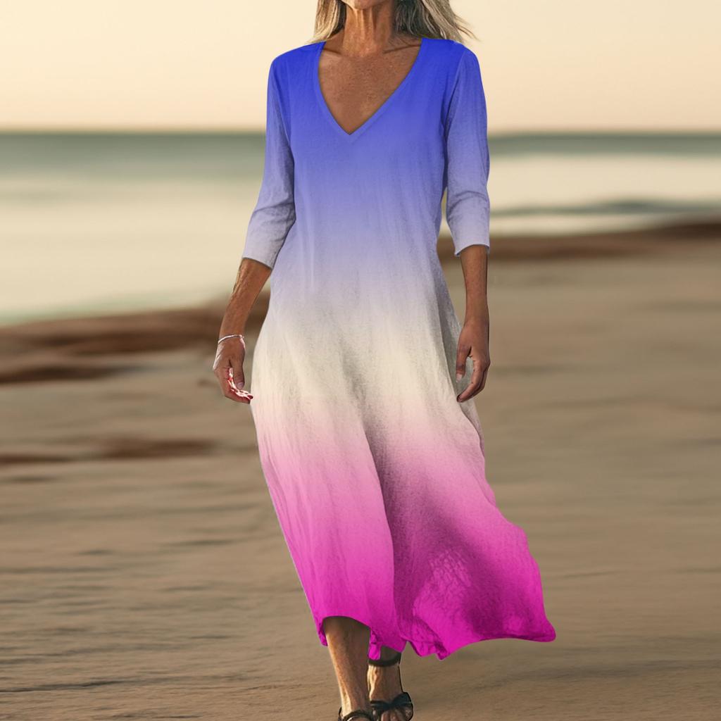 Платья для женщин Винтажный принт Туника с завышенной талией Миди-платье Летнее повседневное Платье с рукавом 3/4