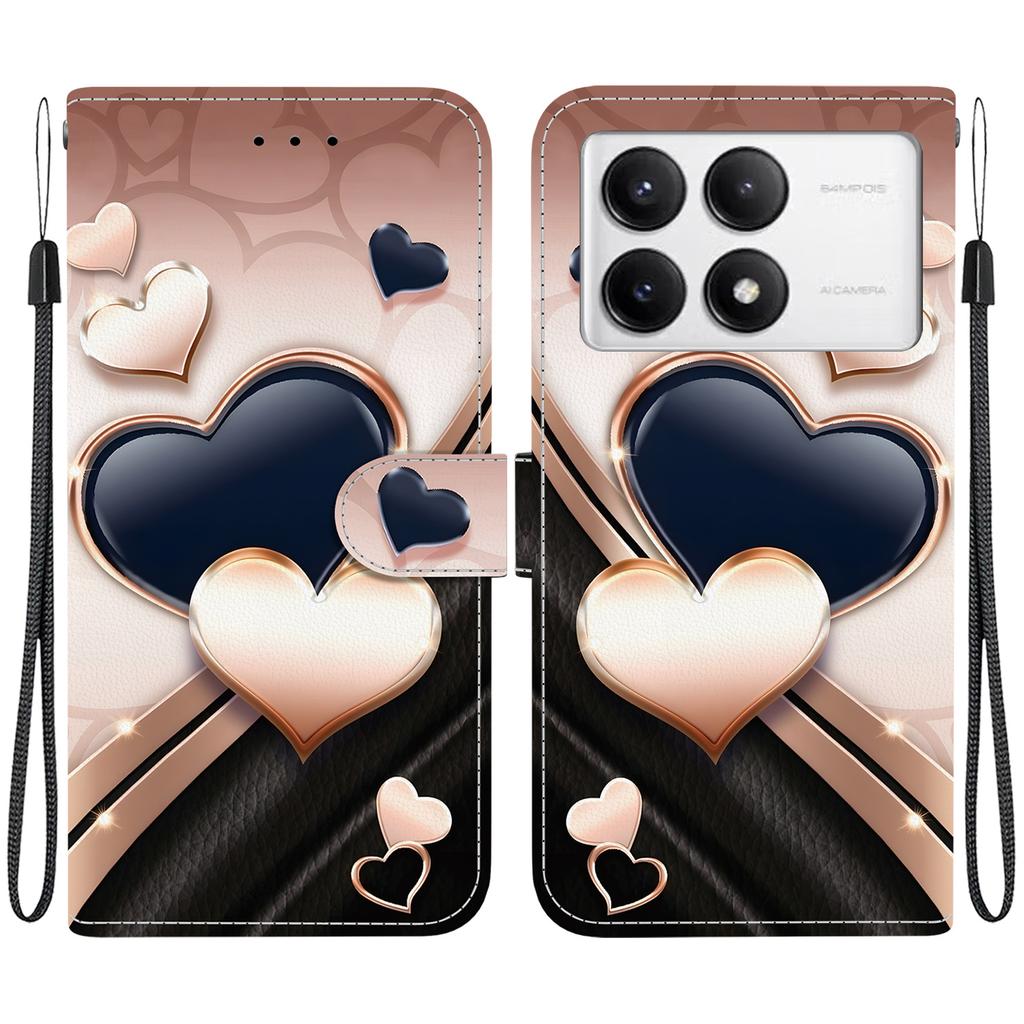 Handmade PU Leather Flip Case for Xiaomi Poco F6 Pro Anti-Slip Shockproof Cover with Wrist Strap & Heart/Rose Cat Designs