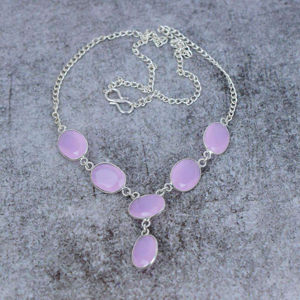 Розовый халцедон драгоценный камень ручной работы серебро 925 пробы ювелирное колье 18" M-412