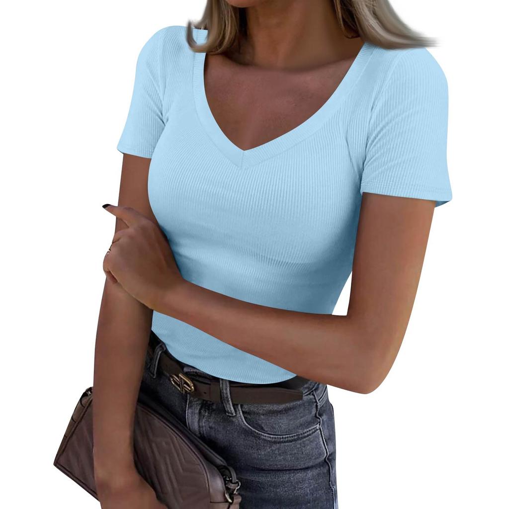 Ladies Slim Bottom T-shirt Fashion Casual Solid Colour V-Neck Pullover Short Sleeve Top
