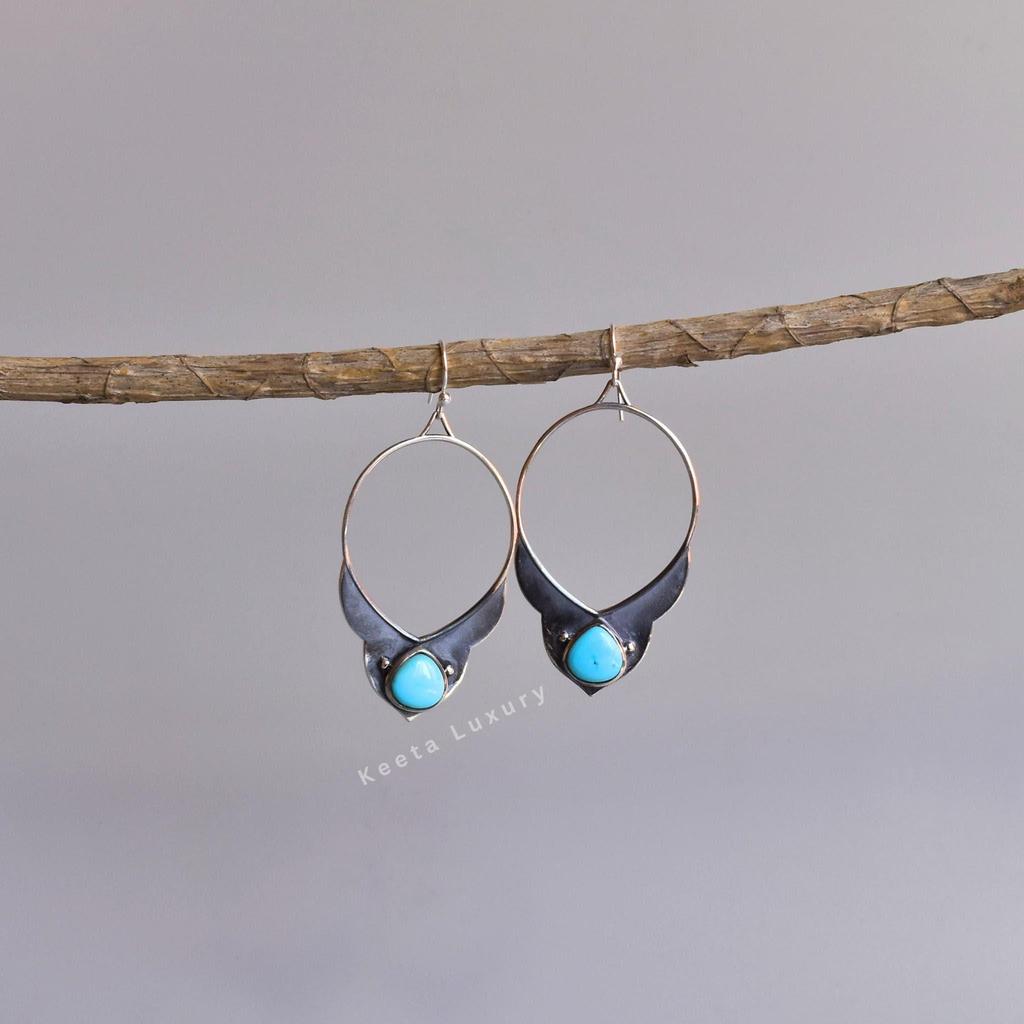 Natural Turquoise dangle earrings, Silver oxidized handmade statement jewelry For women, sky blue gemstone unique bohemian gift for her