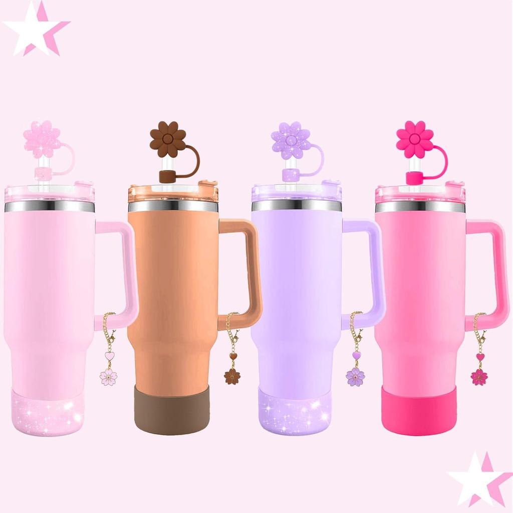 Accessories for Stanley Cup Set,2Pcs Flower Straw Cover Caps 10mm Reble Brown Straw Toppers,1Pcs Cute Handle Charm and 1Pcs Silicone Boot Sleeve for