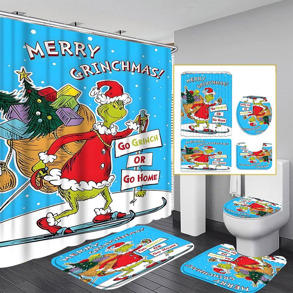 Рождественский узор с зелеными волосами Набор из четырех предметов для занавески для душа с 12 крючками Полиэстеровая водонепроницаемая занавеска для душа.