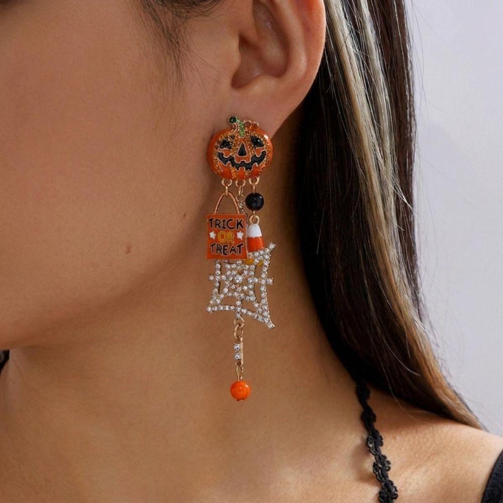 Zircon Halloween Earrings Rhinestone Spider Dangle Earrings Pumpkin Ear Studs  All Saints' Day
