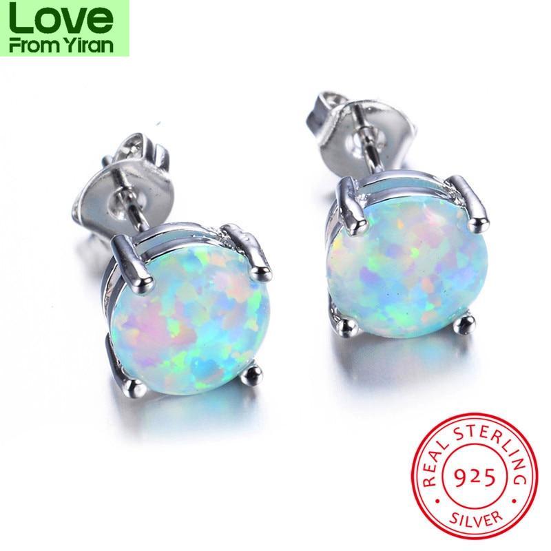 Blaike 100 %925 Sterling Silver White Fire Opal Stud Earrings For Women Fine Jewelry 8mm Round Stone Studs Birthstone Earrings
