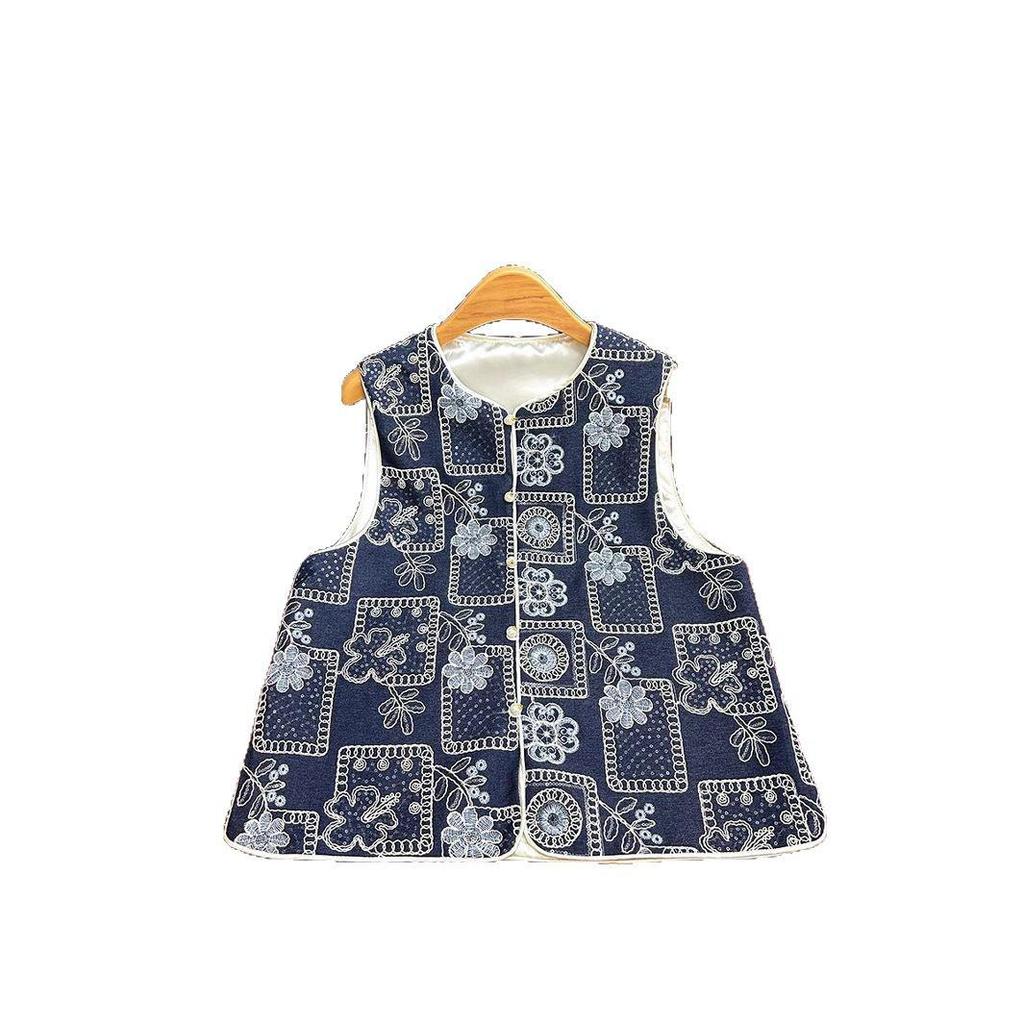 2025 Spring Women's Blue & White Porcelain Embroidered Vest - Sleeveless, Loose Fit