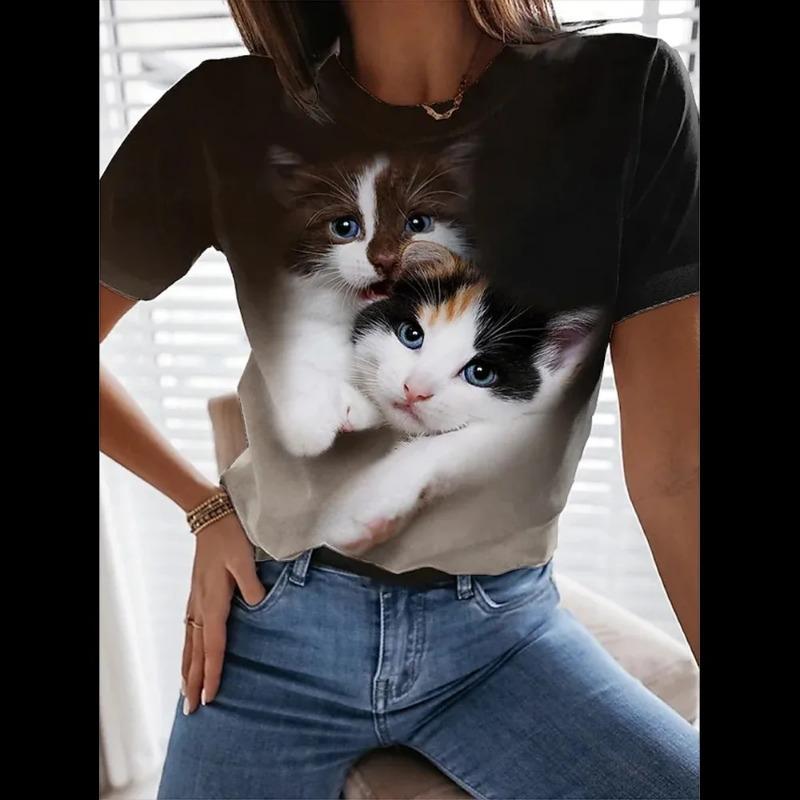 Женская 3D Милая Футболка с принтом кота Модные женские футболки Топы Harujuku Kawaii Oversize Летний топ с круглым вырезом Женская одежда