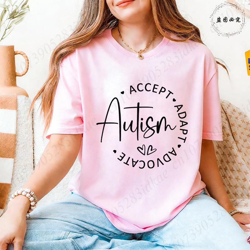 Женские футболки awareness аутизма Принимай Учи Люби Понимай Слоганы Цветные Отпечатки Рук Графика Пазла Топы Женская Одежда