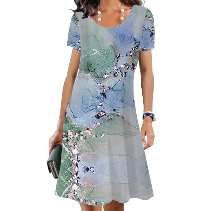 Summer Women's Dress Printed Short Sleeve Round Neck Midi Dresses