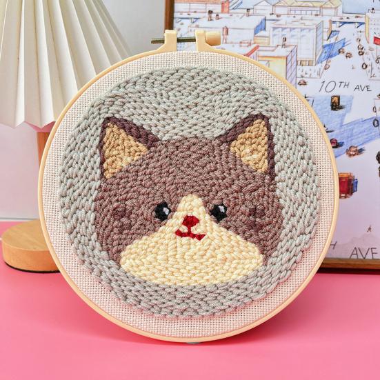 1 Set Punch Needle Coaster Kit Handmade Punch Needle Embroidery Craft Kit with Hoop Yarn Tools Instruction Adults Beginners DIY Animal Flower Coaster