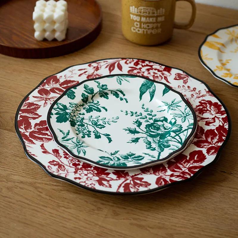 Керамическая тарелка в европейском стиле, винтажная роскошная цветочная печать, тарелки для обеда в западном стиле, блюда для послеобеденного чая, десерта, столовые приборы