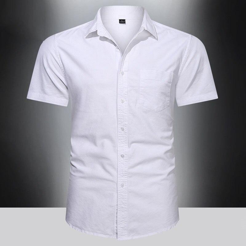 Men‘s Cotton Shirt Breathable Sweat-Absorbent Smart Casual Short-Sleeve Summer Men Solid Color Turn-Down Collar Shirts Plus Size