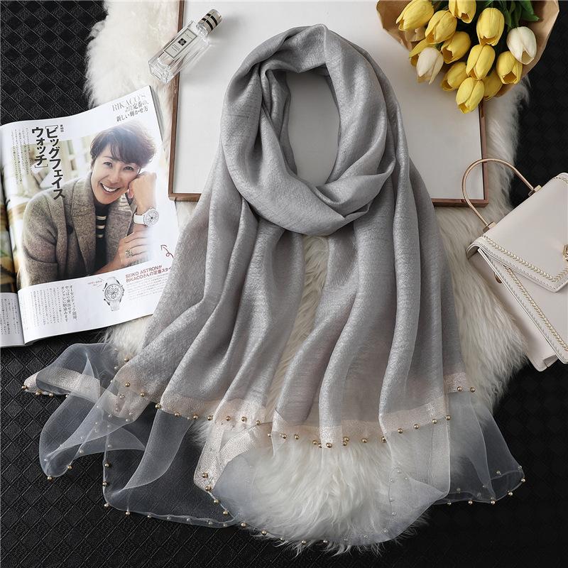 Мода Новый Женский Шарф-Шаль из Смеси Шелка и Хлопка Однотонный Мягкий Дикий с Бисерной Отделкой Тюрбан Подходит Роскошный Женский Дорожный Шарф для Защиты от Солнца