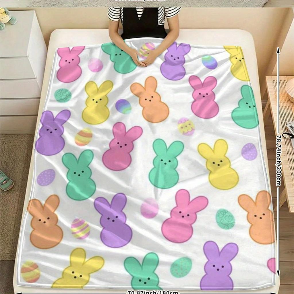 1pc Easter Colorful Bunny Flannel Blanket, 2D Flat Print, All-Season & Holiday, Cozy Throw for Kids Bedroom, Living Room, Campin