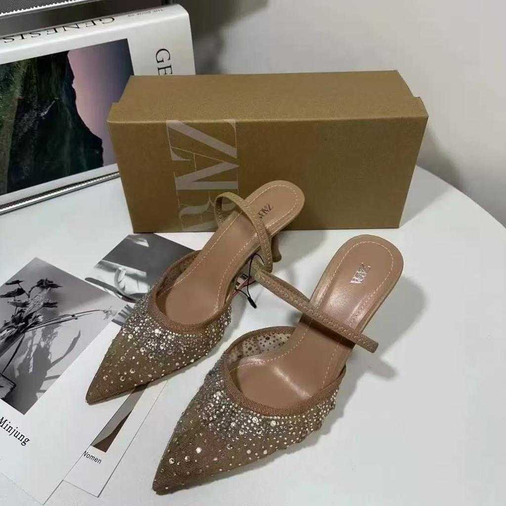 Летние женские босоножки со стразами, яркие, сетчатые, на высоком каблуке, элегантные, с открытым носком, с острым носком, туфли-лодочки для вечеринки