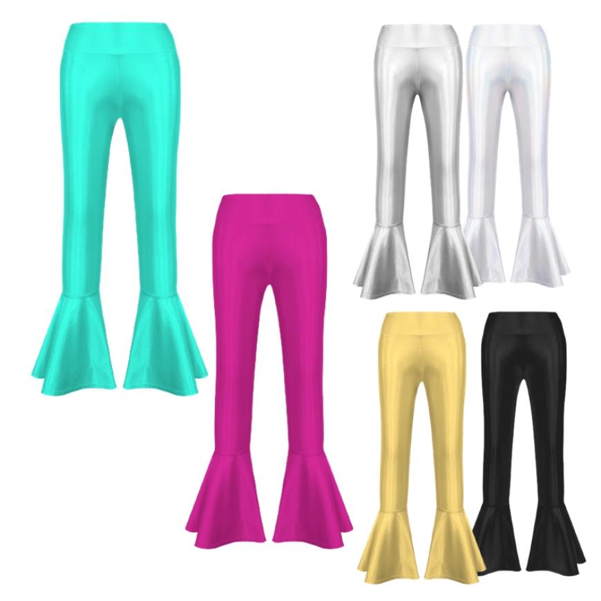 Бронзовые тканевые расклешенные брюки с высокой талией, детская одежда для танцев для девочек, сценический костюм, длинные брюки-клеш с рюшами на подол