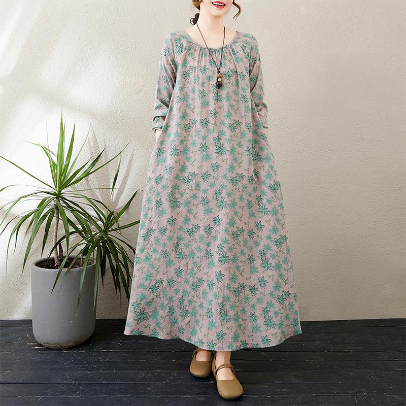 Осеннее литературное свободное платье больших размеров с круглым вырезом и длинными рукавами для весенних женщин в винтажном стиле