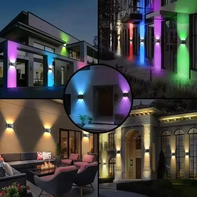 Уличные RGB светодиодные светильники на солнечных батареях, водонепроницаемые настенные бра, светильники для забора с направленным светом вниз для террасы, патио, двора, сада