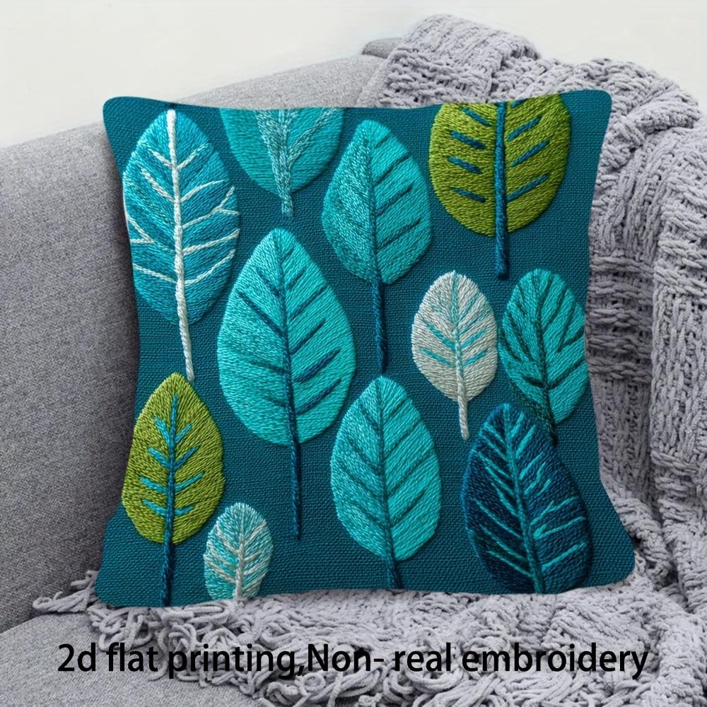 Abstract Teal Leaves DoubleSided Decorative Throw Pillow Case D Print Embroidery Style for Sofa Bedroom Home Decor