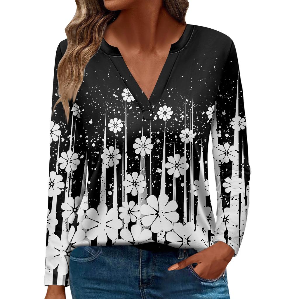 Жен. Футболка Футболка С принтом Пуговицы Длинный рукав Повседневные Выходные Мода Классический V-образный вырез Обычный Топ