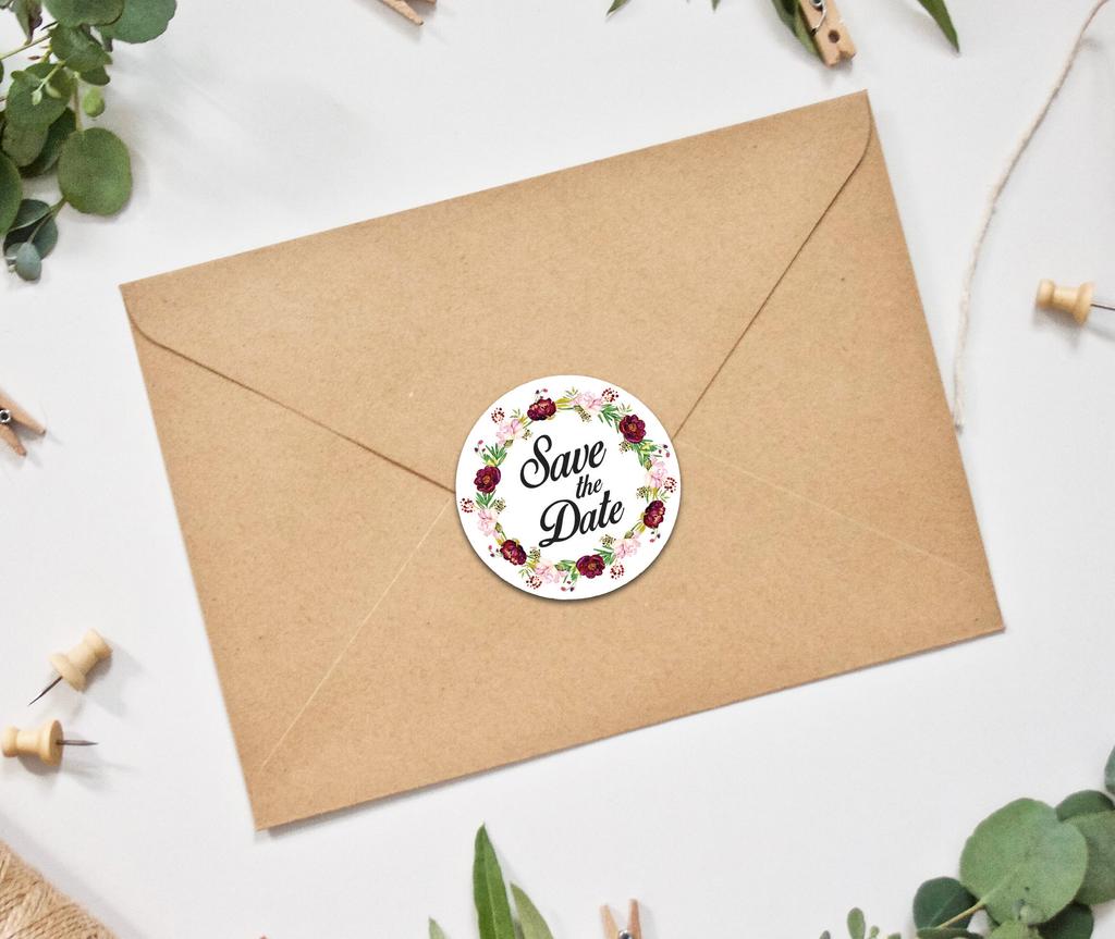 Darling Souvenir 45 Pcs Floral Wreath Black Round Save The Date Stickers Envelope Seals-1.6