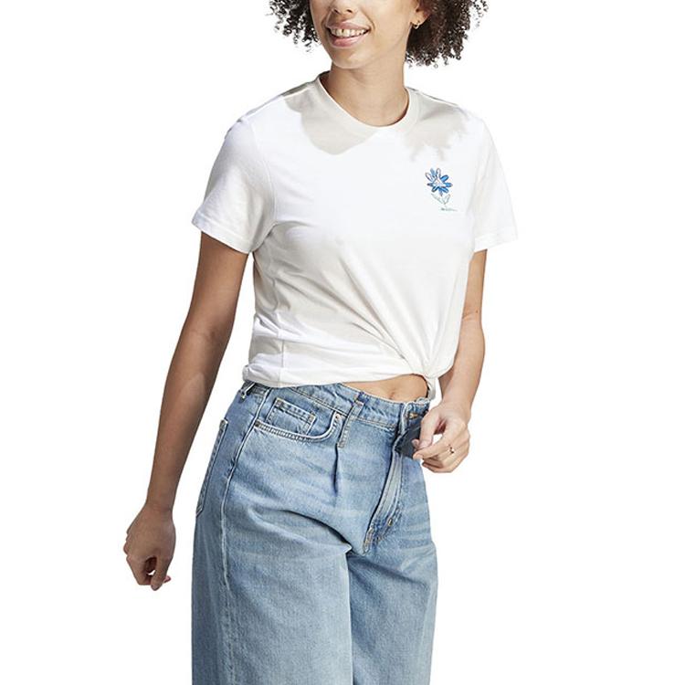 Adidas Однотонный свитер с круглым вырезом, спортивный стиль, короткий рукав, футболка, женские топы, белый IB4875